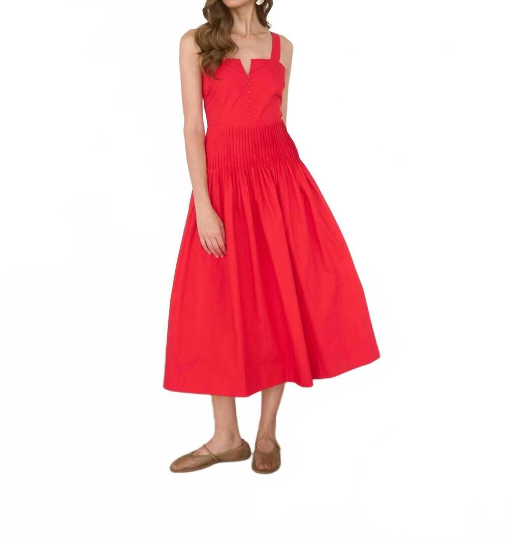 NEW MOON RIVER button detail pleated waist sleeveless midi dress in red